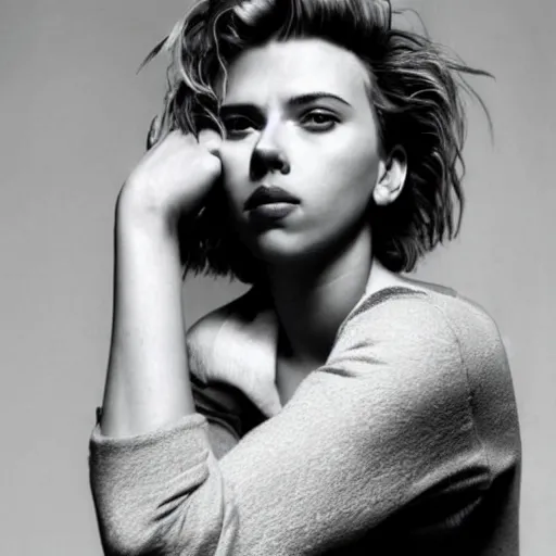 Image similar to a portrait photo of 20 year old male scarlett johansson, with a sad expression, looking forward