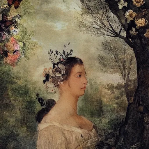 Prompt: double exposure portrait of a beautiful short dark haired feminine queen, floral composition, silhouettes of windy trees, by leonard de vinci, double exposure, by eugene delacroix