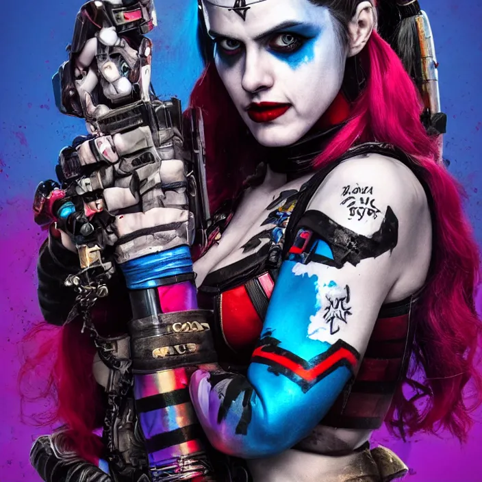 Image similar to portrait of alexandra daddario as a harley quinn in suicide squad. intricate abstract. intricate artwork. by tooth wu, wlop, beeple, dan mumford. octane render, trending on artstation, greg rutkowski very coherent symmetrical artwork. cinematic, hyper realism, high detail, octane render, 8 k, iridescent accents