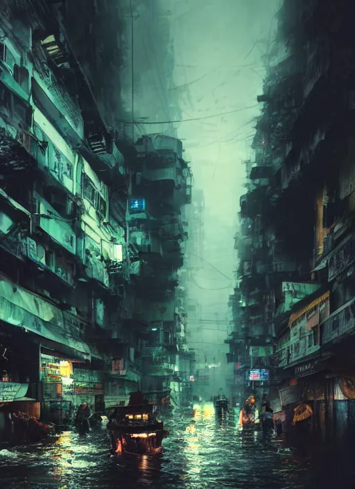 Image similar to dramatic Photorealistic, Matte Painting of a tug boat with bright head lights exploring a busy post apocalyptic deep flooded Hong Kong city street at night,dark Tall buildings by Greg Rutkowski,Craig Mullins,Hyperrealism,Beautiful dramatic moody lighting,Cinematic Atmosphere,volumetric,Octane Rendering,8K