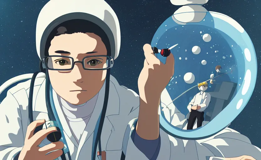 Prompt: a film still portrait of a nerdy scientist rocketing in a hallway cubic snake bubble, finely detailed features, closeup at the faces, chronenberg, perfect art, grimdark, trending on pixiv fanbox, painted by studio ghibli