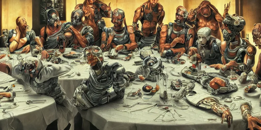Image similar to !5 diverse cyborgs on !one_side of a reflective !cybernetic table, !!posing_as_last_supper, inticrate detailed glowing implants, !!highly detailed, beautiful lighting