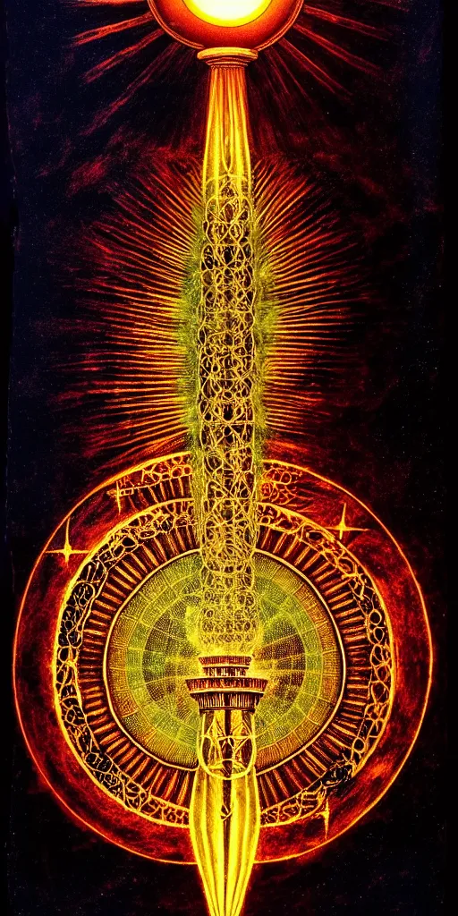 Image similar to an alchemical fiery lighthouse radiates a unique canto'as above so below'while being ignited by the spirit of haeckel and robert fludd, breakthrough is iminent, glory be to the magic within, in honor of saturn, dramtic lighting painted by ronny khalil