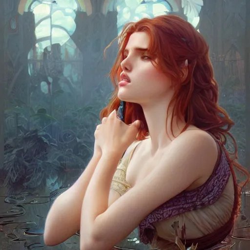 Prompt: ultra realistic illustration, bella thorne, pouting, intricate, elegant, highly detailed, digital painting, artstation, concept art, smooth, sharp focus, illustration, art by artgerm and greg rutkowski and alphonse mucha