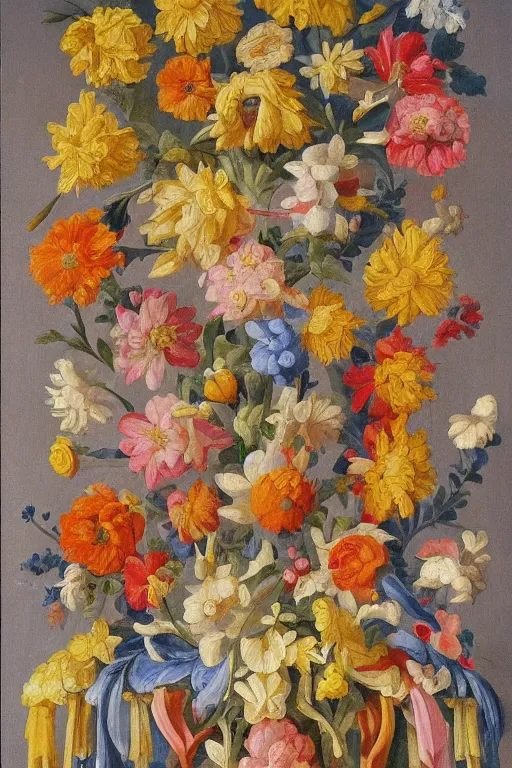 Prompt: a painting of a abstract geometric character made from flowers, flemish baroque, neoclassicism, made of flowers
