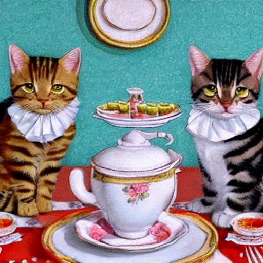 Image similar to three tabby cats attend a fancy english tea party, photorealistic photorealism