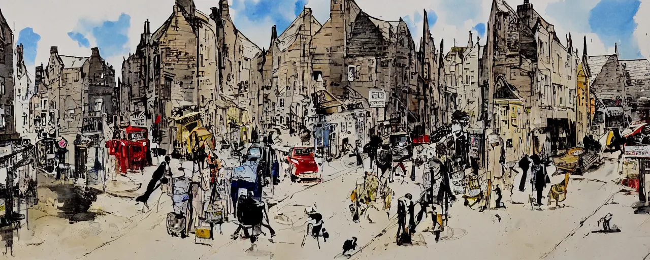 Prompt: a painting of street life in kirkwall orkney, by Ralph Steadman