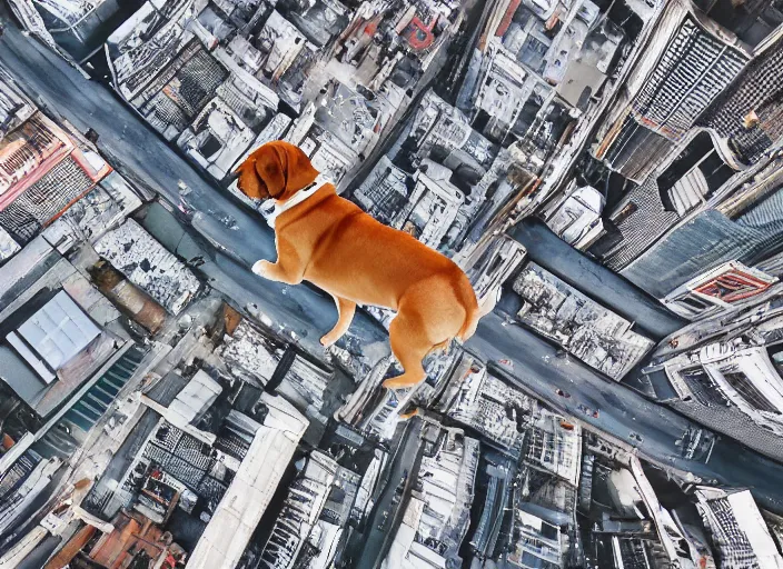 Prompt: a dog in an upside down city, photography, high definition, rule of thirds