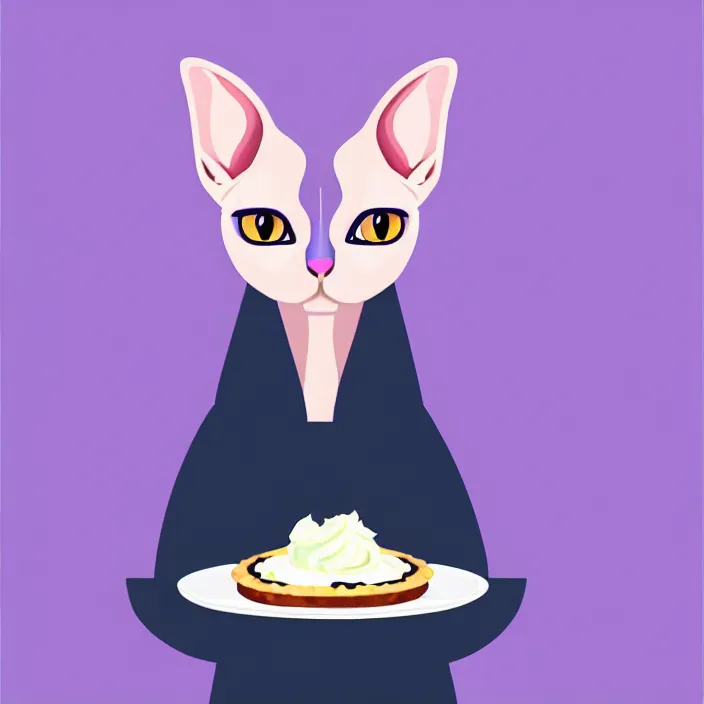 Image similar to an anthropomorphic sphynx cat fursona with big eyes eating a slice of blueberry pie, furry art, cute, minimalist, oil on canvas, soft lighting