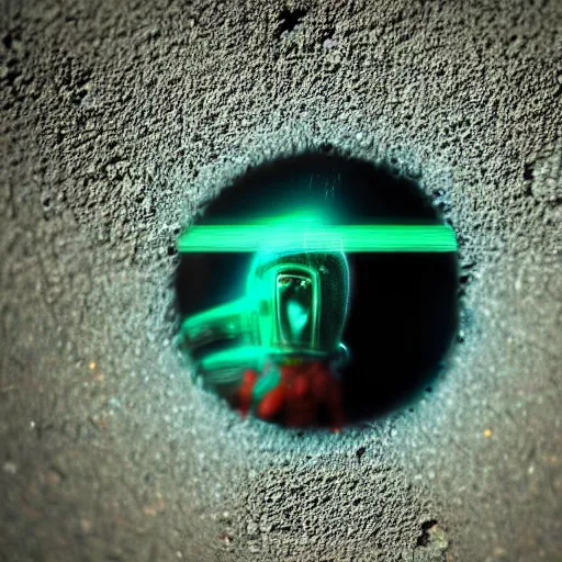 Prompt: tiny microscopic teal green cyan arcturian annunaki liquid metal bismuth andromedan martian telosian alien humanoid creature jammed in a crack 5 5 mm photography footage slightly glowing, ominous