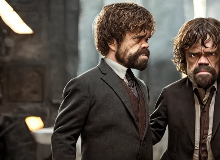 Image similar to peter dinklage knife fighting willem dafoe, movie still, from the new john wick movie, 8 k, realistic