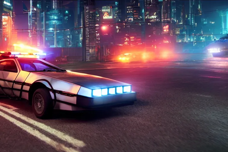 Prompt: photo of the back to the future combat delorean being chased by police on wet cyberpunk city streets at night, rocket league tank, mad max, action, speed, volumetric lighting, hdr, gta 5, makoto shinkai, syd mead, craig mullins, cinematic, fast and furious, octane, 8 k, iso 1 0 0, 1 2 mm