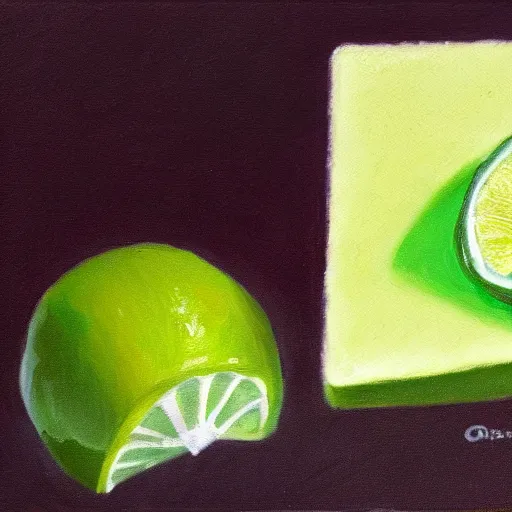 Prompt: oil painting of an ice cube in front of a slice of lime.