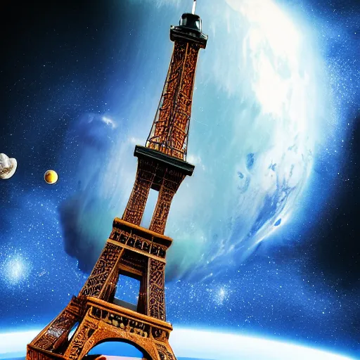 Prompt: an effeil tower spaceship flying in space with a galaxy in the background