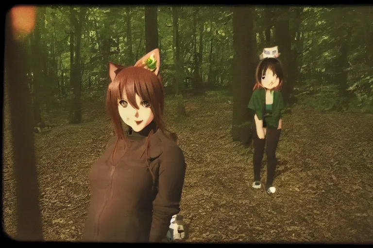 Image similar to anime catgirl caught on trailcam at midnight, low light photograph