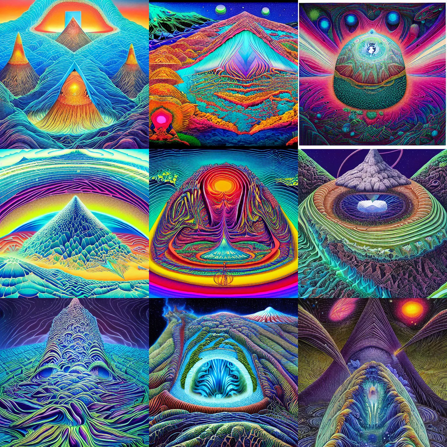 Prompt: geometric volcanoes melting into ocean forest cliffs in space by android jones, alex grey, chris dyer, aaron brooks,