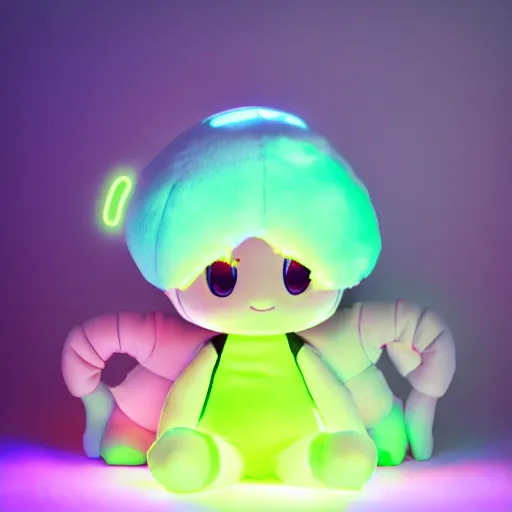Prompt: cute fumo plush girl who has bioluminescent eyes, jelly glow, refractive bssrdf, neon lens flare, vray