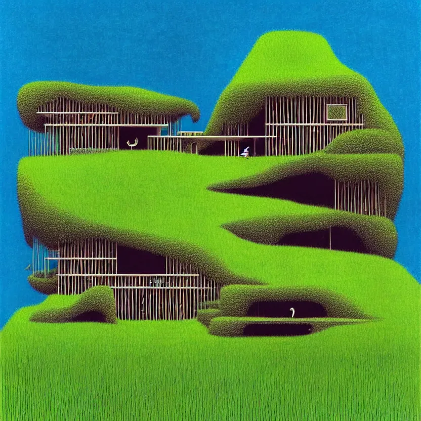 Image similar to surreal glimpse into other universe, a house by kengo kuma on an island, summer morning, very coherent and colorful high contrast, art by!!!! gediminas pranckevicius!!!!, geof darrow, floralpunk screen printing woodblock, dark shadows, hard lighting, stipple brush technique,