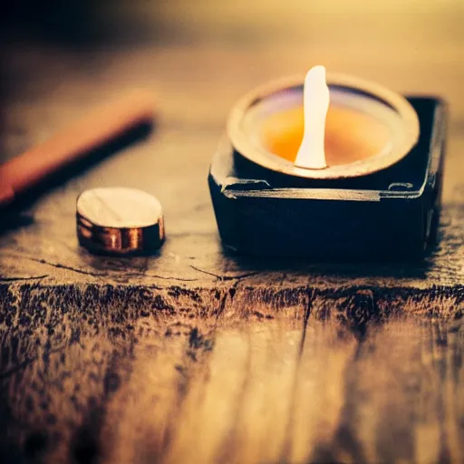 Prompt: analog photograph of a wooden tabletop with an ashtray, a glass of whiskey, scars in the wood, smoke, depth of field, pinup lighter, color bleed, old polaroid