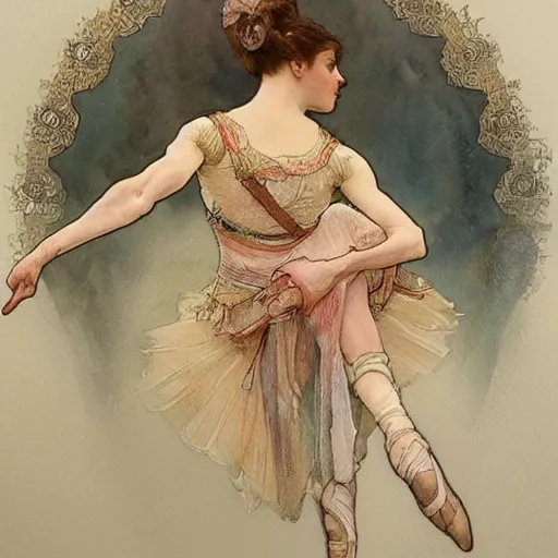 Image similar to a beautifull intricate watercolour painting of a dancing ballerina, reflexions, verry high details by william turner art, greg rutkowski and alphonse mucha, trending on artstation, very very detailed, masterpiece, muted colors