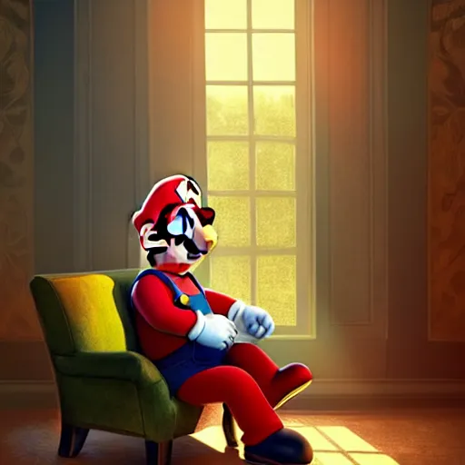 Prompt: mario sitting in a chair in his living room with sunlight pouring in through a window, portrait, fantasy, beautiful face, vivid colors, elegant, concept art, sharp focus, digital art, hyper - realistic, 4 k, unreal engine, highly detailed, hd, dramatic lighting by brom, trending on artstation