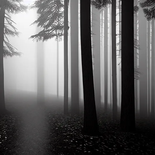 Image similar to hundreds of shadow people hidden in forest, staring with glowing white eyes, hyperrealistic, 8k, extremely detailed, black and white, foggy, grainy, very old