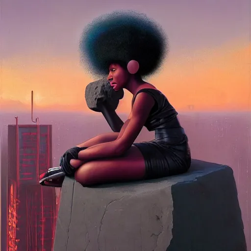 Prompt: a black girl with afro puffs sitting next to a stone gargoyle on top of a skyscraper in the cyberpunk city at sunset, by greg rutkowski and android jones, oil on canvas, 8k