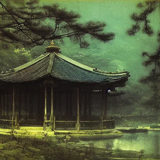 Image similar to old pavilion in the forest, by lang jingshan,