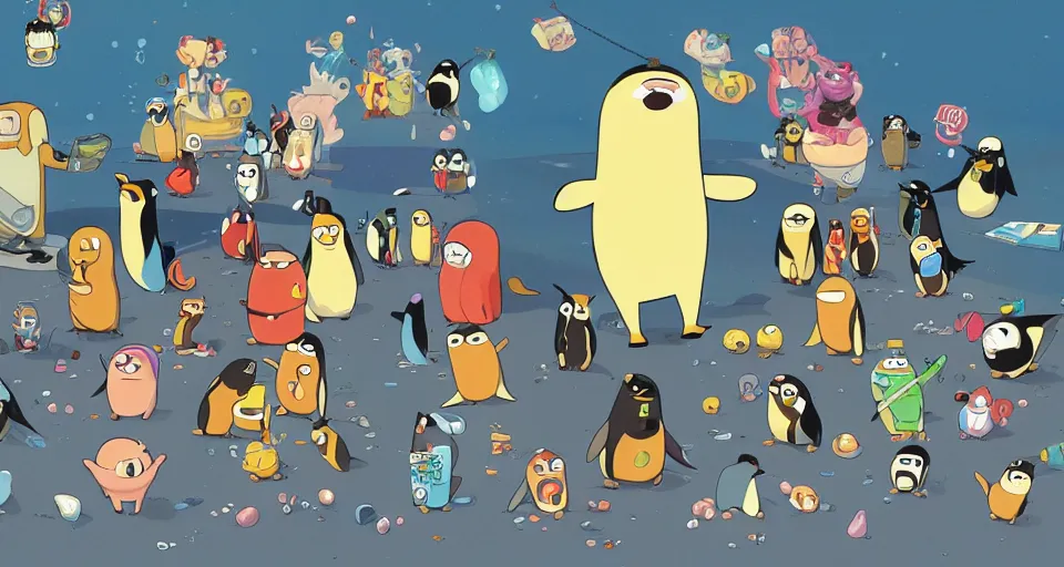 Image similar to cartoon penguins in speedos, wearing gold chains, partying, in the style of adventure time, the amazing world of gumball, pixar, toki doki, greg rutkowski and makoto shinkai, trending on artstation