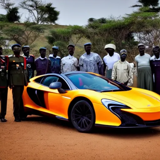 Prompt: High-quality photography of an African dictator dressed as a general posing next to his McLaren 650S in an African village and surrounded by curious villagers