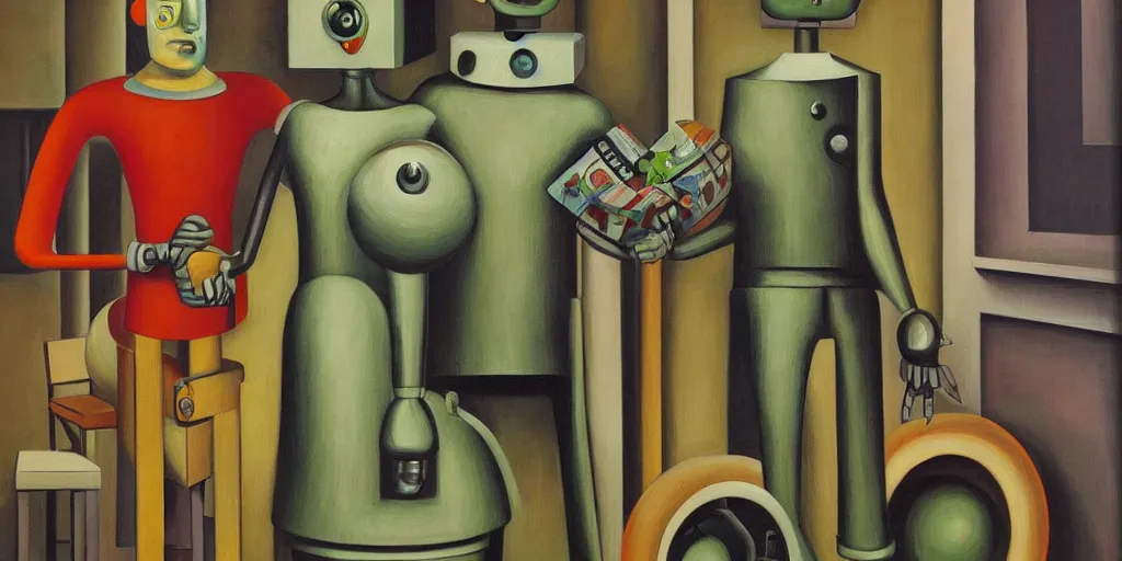 Image similar to devious robot with shifty eyes portrait, lowbrow, pj crook, grant wood, edward hopper, oil on canvas