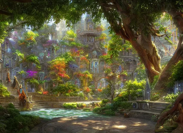 Prompt: A wide open courtyard in a beautiful, colorful elven city made of ivory, saturated colors, no haze, anime, lush trees, fountain, a fantasy digital painting by James Gurney, trending on Artstation, highly detailed