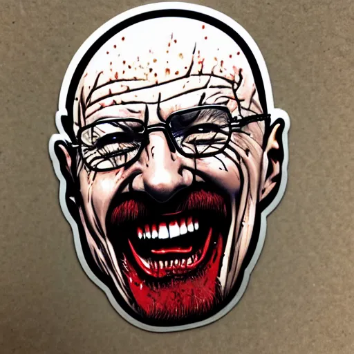 Image similar to die cut sticker, walter white laughing like the joker, splatter paint