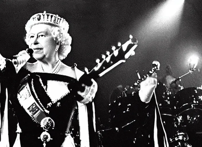 Image similar to publicity photo still of queen elizabeth in a death metal band playing live on stage, 8 k, live concert lighting, mid shot