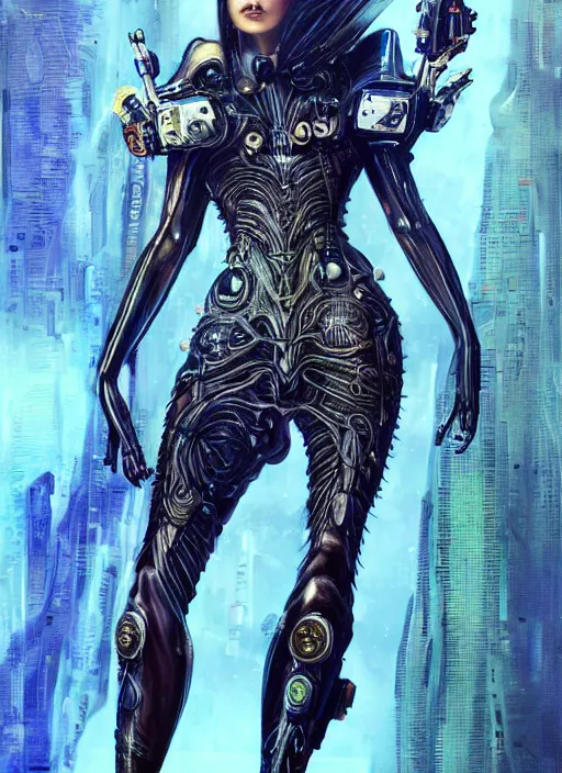 Image similar to a full body beautiful woman wearing a cyberpunk outfit by karol bak, ayami kojima, artgerm, sakimichan, hr giger, blue eyes, weapons, electronics, high tech, cyber wear, latex dress, bandage, concept art, fantasy, cyberpunk