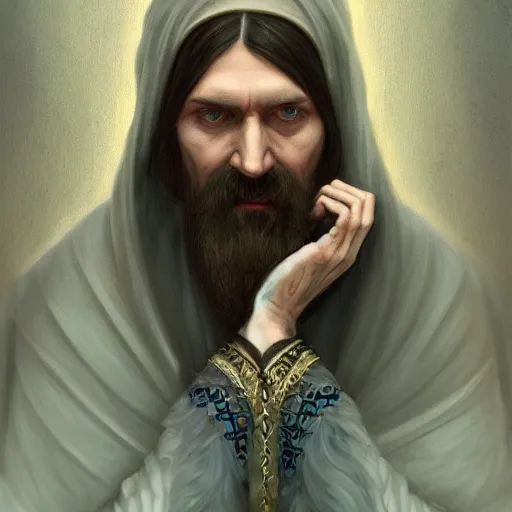 Image similar to portrait grigori rasputin praying in the mosque, wlop, james jean, tom bagshaw, rococo, trending on artstation, fantasy, intricate, elegant, highly detailed, digital painting, concept art, smooth, illustration, cinematic lighting, hyper realism, octane render, 8 k, hyper detailed.