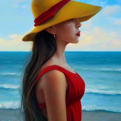 Prompt: beautiful oil matte portrait painting, young woman with red dress and mustard yellow summer hat at a beach on a sunny day, wonderful masterpiece highly detailed, beautiful cinematic light deep focus, elegant, digital painting, smooth, sharp focus, golden ratio, dramatic illumination, ultra realistic, 8 k, art by jimmy law