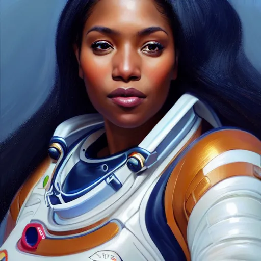 Image similar to a portrait of a very beautiful POC woman in a spacesuit, Alexandria's genesis, chin-length hair, bored, illustration, soft lighting, soft details, painting oil on canvas by mark arian by artgerm, trending on artstation, 4k, 8k, HD