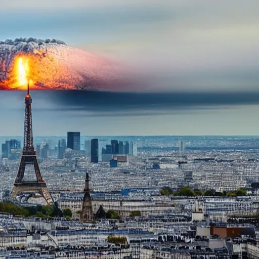 Image similar to photo of a nuclear explosion in paris, 8 k uhd, wide angle