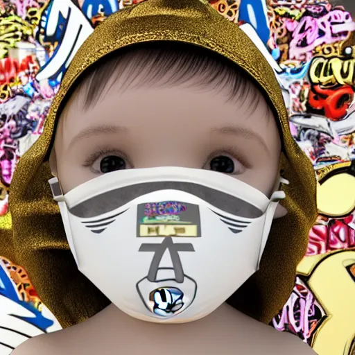 Prompt: a high tech 3 d rendering of a a baby cherub angel wearing a balaclava face mask, ski mask, face covered, covered face, fixed eyes, gucci, supreme, chanel, tattoos, multiple gold cuban chain necklace, graffiti in background, cinema 4 d, very detailed, clear, render