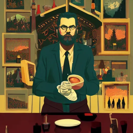 Prompt: twin peaks poster by michael whelan and tomer hanuka, full body portrait of bearded man failing to make a waffle, kitchen, full of details, by makoto shinkai and thomas kinkade, matte painting, trending on artstation and unreal engine