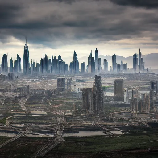 Prompt: Giant futuristic megacity towering across the landscape, post apocalyptic, EOS-1D, f/16, ISO 200, 1/160s, 8K, RAW, unedited, symmetrical balance, in-frame