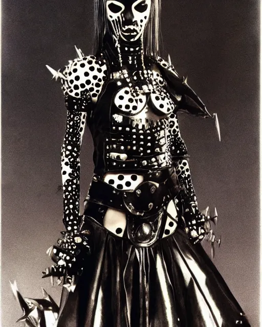 Image similar to portrait of a skinny punk goth yayoi kusama wearing armor by simon bisley, john blance, frank frazetta, fantasy, thief warrior, psychedelic fur