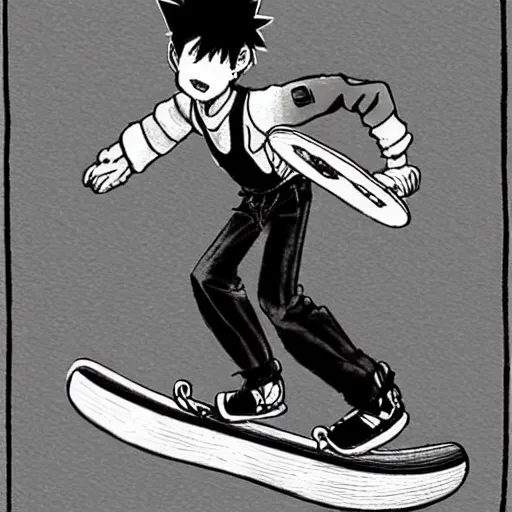 Image similar to a manga drawing of Kirua skating a skateboard, by Yoshihiro togashi