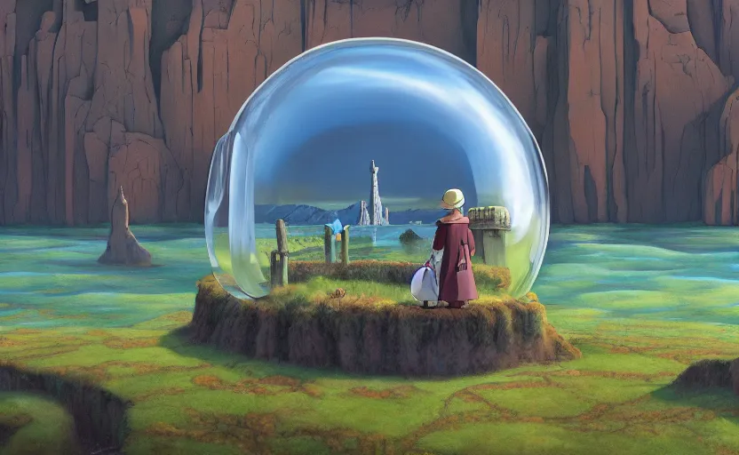 Image similar to a scary hyperrealist painting of a shaman in a giant transparent bubble from howl's moving castle ( 2 0 0 4 ) in a flooded monument valley stonehenge jungle. depth perception, 4 k, artstation, in the style of studio ghibli