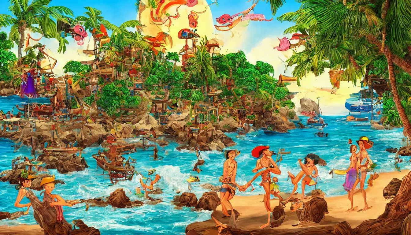 Image similar to a tropical beach scene, The curse of monkey island, high detail, colorful