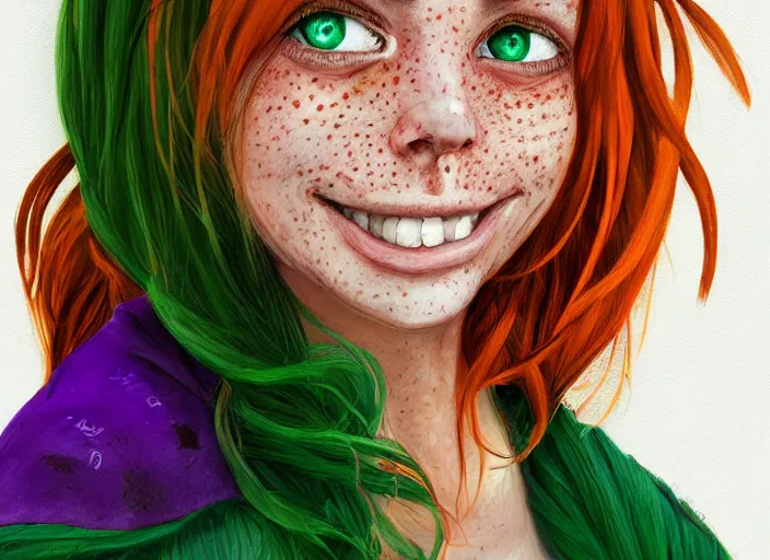 Image similar to portrait of a beautiful smiling girl with orange hair and freckles, green eyes, highly detailed, digital painting, concept art, smooth, sharp, focus, background is purple, trending on deviantart