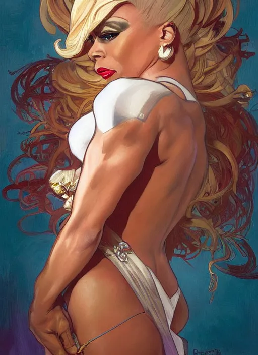 Image similar to rupaul, painting by artgerm and greg rutkowski and alphonse mucha