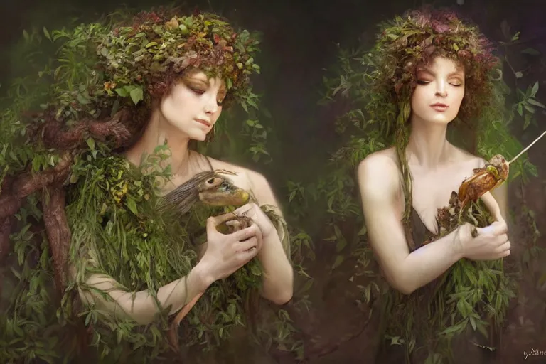 Image similar to portrait character design painting, dryad musician inspired by brian froud, portrait, accompanied by a cute feathered mouse, studio lighting by jessica rossier and brian froud and gaston bussiere