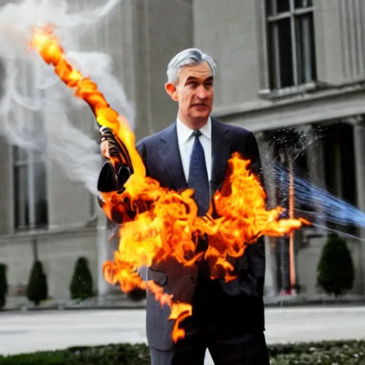 Image similar to photo of Jerome Powell using a flamethrower